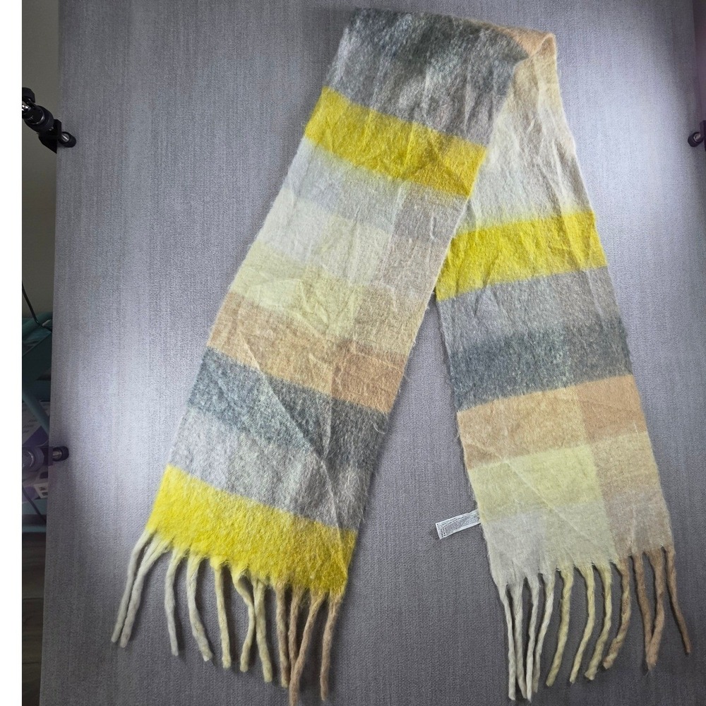 Forever 21 Scarf Women OS Yellow Grey Plaid Colorblock Oversized Fringe Blanket